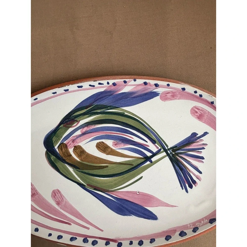 Hand Painted Italian Plate w Fish Blue Pink Green Brown 12